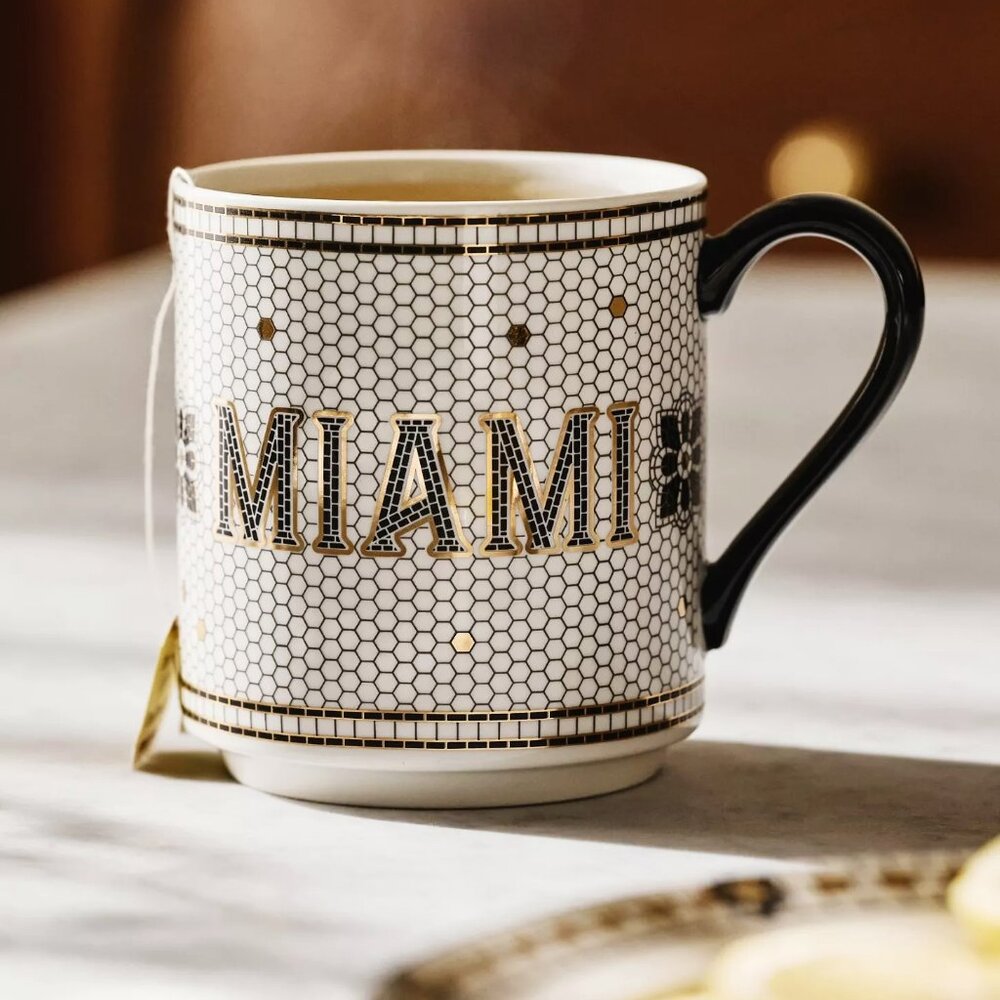 Anthropologie Bistro Tile Mug "MIAMI" 24K Gold Decaled Glazed Stoneware New